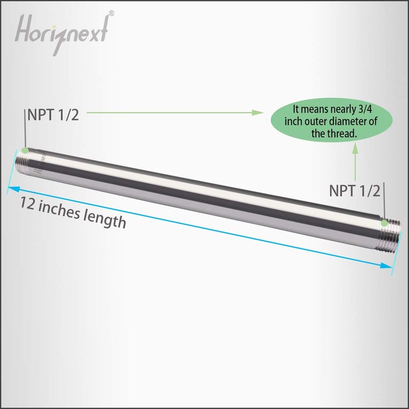 Horiznext stainless steel 304 pipe nipple npt 1/2 male threaded cast fitting, 12 inches length tube sleeve extension connector, schedule 40 conduit hose adapter - Image 2
